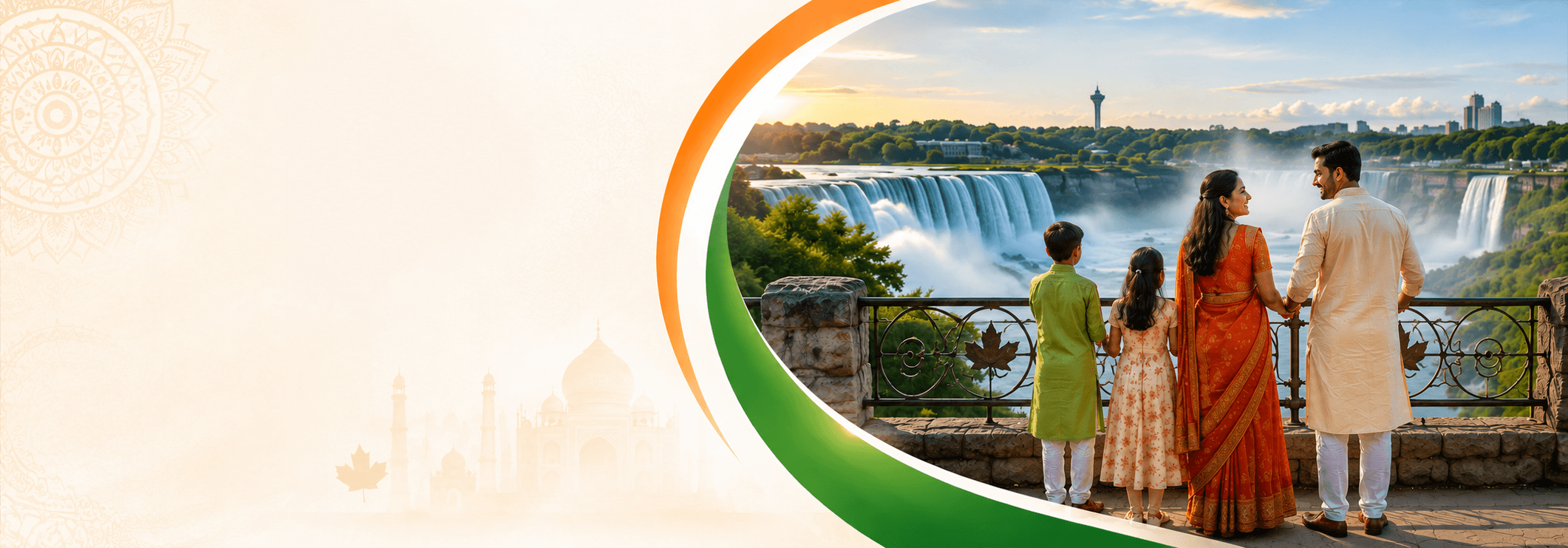 A multi-generational family in traditional Indian attire looking out over Niagara Falls, framed by an orange, white and green ribbon